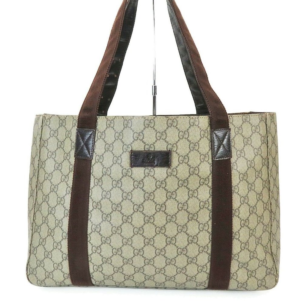 GUCCI Brown GG Canvas Leather Tote Hand Bag Purse